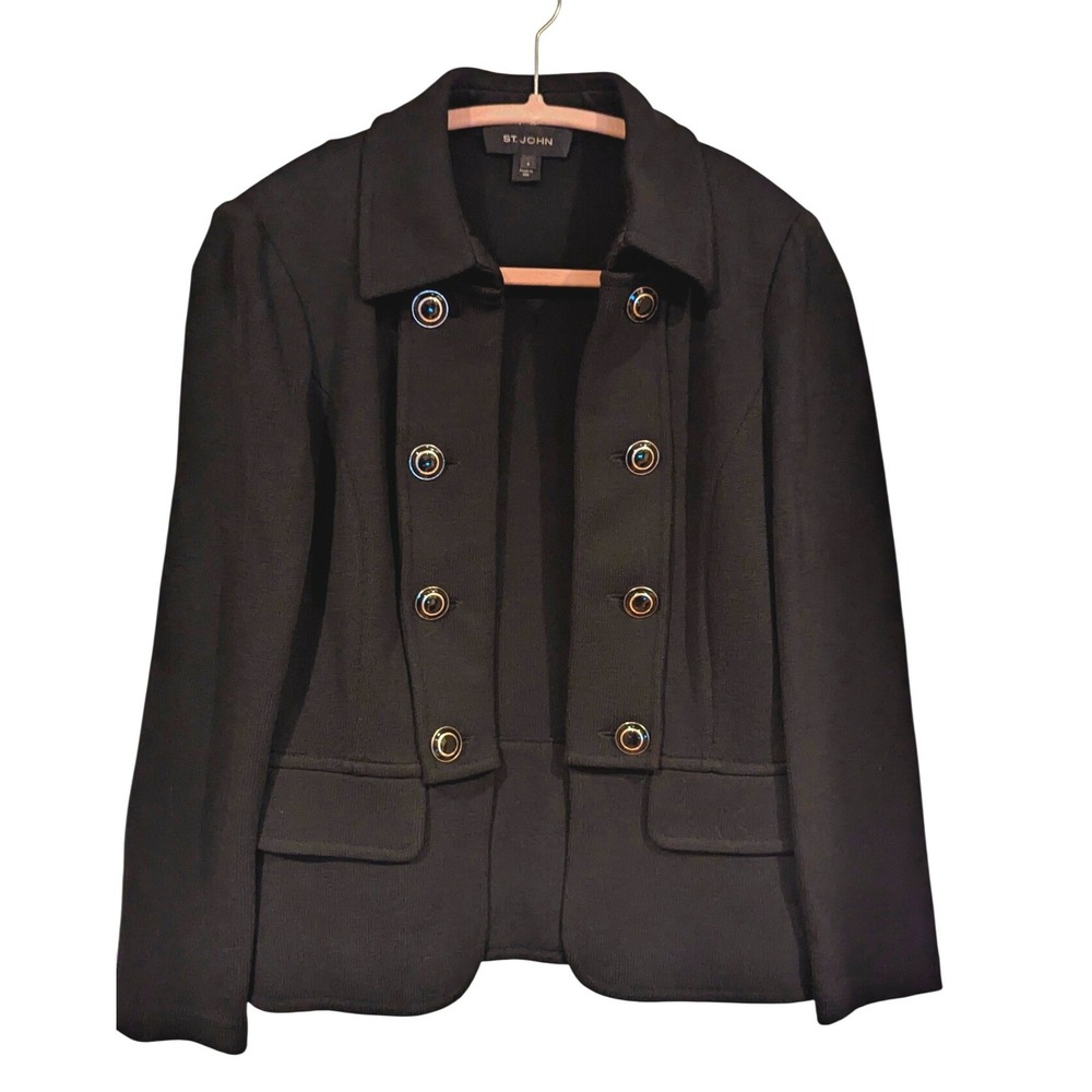 St‎ John Santana Knit Jacket Black Double Breasted Button Blazer Womens Size 4